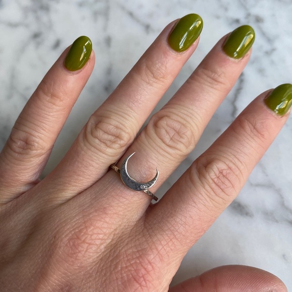 Crescent Moon Sterling Silver Ring with Single Gem - Picture 1 of 6